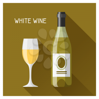 Bottle and glass of white wine in flat design style.