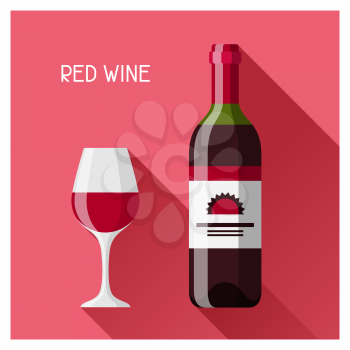 Bottle and glass of red wine in flat design style.
