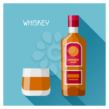 Bottle and glass of whiskey in flat design style.