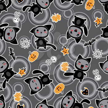 Vector kawaii background of Halloween-related objects and creatures.