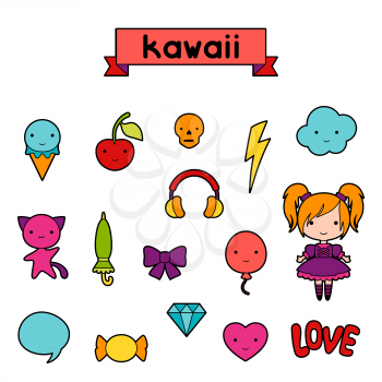 Set of decorative design elements kawaii doodles.