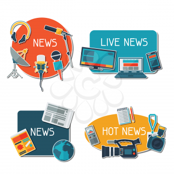 Stickers with journalism icons. Mass media and press conference concept symbols in flat style.