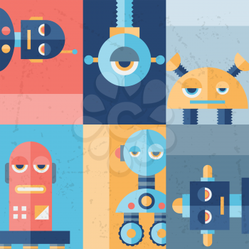 Background with robot in flat style.