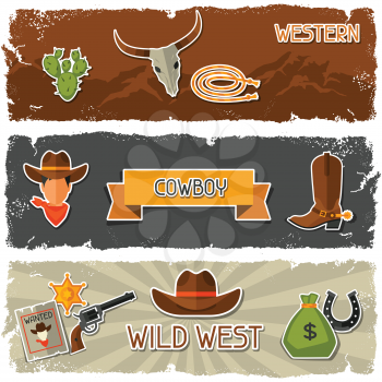 Wild west banners with cowboy objects and stickers.
