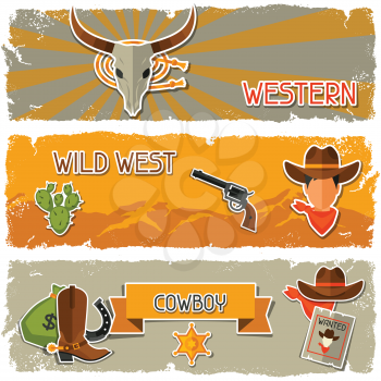 Wild west banners with cowboy objects and stickers.