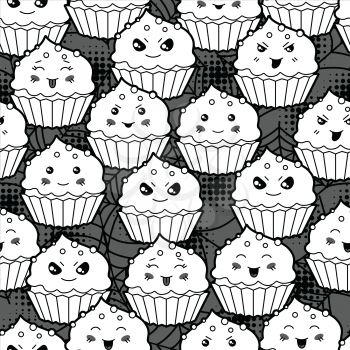 Seamless halloween kawaii cartoon pattern with cute cupcakes.
