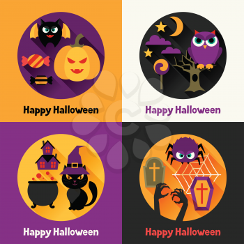 Happy halloween greeting cards in flat design style.