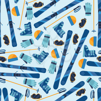 Sports seamless pattern with skiing equipment flat icons.