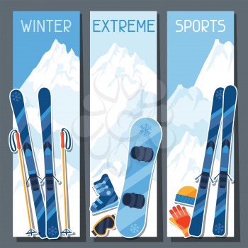 Winter extreme sports banners with mountain winter landscape.