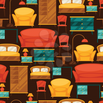 Interior seamless pattern with furniture in retro style.