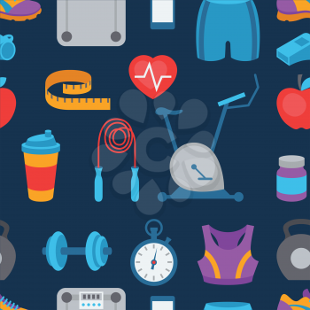 Sports seamless pattern with fitness icons in flat style.