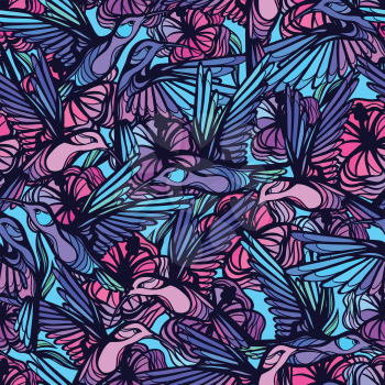 Flying tropical hummingbirds with flowers seamless pattern.