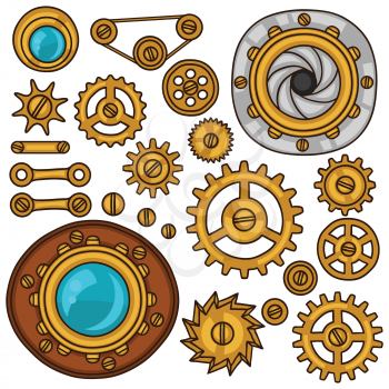 Set of steampunk gears, screws and cogwheels in doodle style.