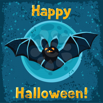 Happy halloween greeting card with flying bat.