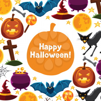 Happy halloween greeting card with characters and objects.