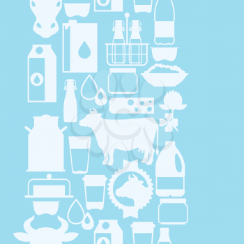 Milk seamless pattern with dairy products and objects.