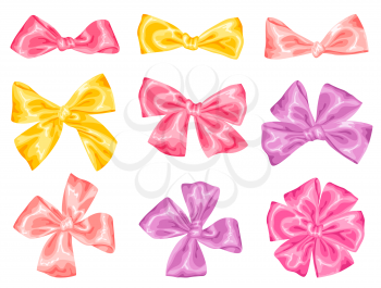 Set of decorative delicate satin gift bows and ribbons.