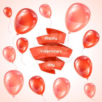 Happy Valentine day greeting card with pink and red glossy balloons.
