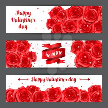 Happy Valentine day banners with red realistic roses.