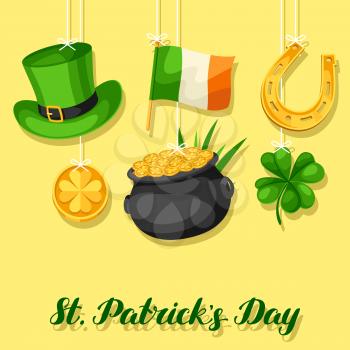 Saint Patricks Day greeting card. Flag Ireland, pot of gold coins, shamrocks, green hat and horseshoe.