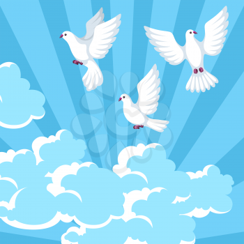 Background with white doves. Beautiful pigeons faith and love symbol.