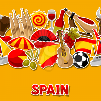 Spain seamless pattern. Spanish traditional sticker symbols and objects.