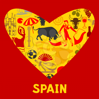 Spain background in shape of heart. Spanish traditional symbols and objects.