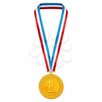 Realistic gold medal with multi colored ribbon. Illustration of award for sports or corporate competitions.