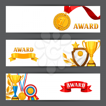 Banners with realistic gold awards. Backgrounds for sports or corporate competitions.