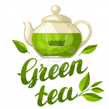 Green tea. Illustration with kettle of tea and hand written lettering text.