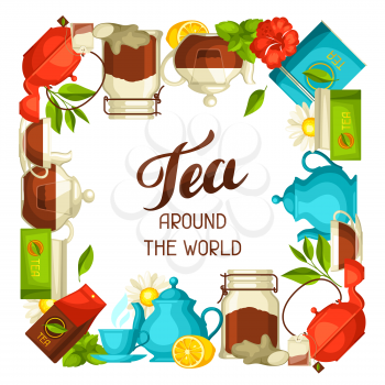 Tea around the world. Illustration with tea and accessories, packs and kettles.