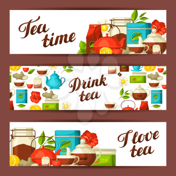 Banners with tea and accessories, packs and kettles.