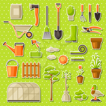 Set of garden tools and items. Season gardening illustration.