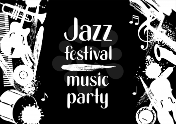 Jazz festival music party grunge poster with musical instruments.