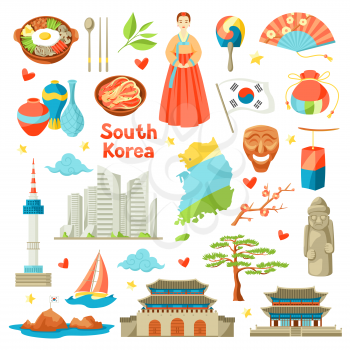 South Korea icons set. Korean traditional symbols and objects.