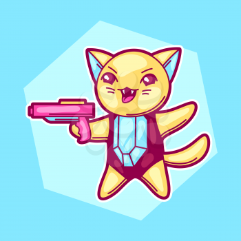 Japanese anime cosplay cat. Cute kawaii character with gun.