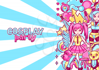 Japanese anime cosplay party invitation. Cute kawaii characters and items.