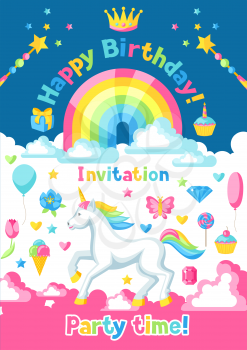 Happy birthday party invitation with unicorn and fantasy items.