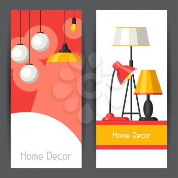 Banners with chandelier, furniture floor and table lamps.