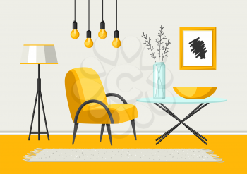Interior living room. Furniture and home decor. Illustration in flat style.