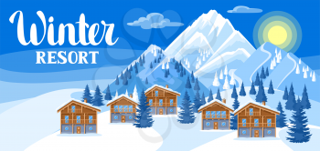 Alpine chalet houses. Winter resort illustration. Beautiful landscape with snowy mountains and fir forest.