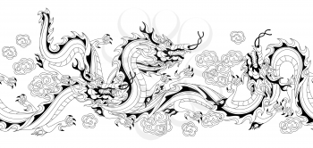 Seamless pattern with Chinese dragons. Coloring page for printing and drawing. Traditional China symbol. Asian mythological black animals.