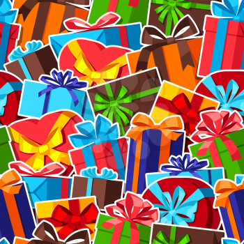 Seamless celebration pattern with sticker gift boxes.