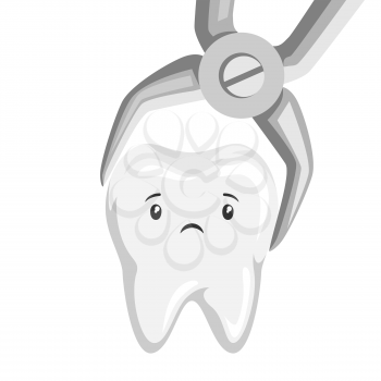 Illustration of tooth is removed by forceps. Children dentistry sad character. Kawaii facial expression.
