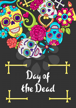 Day of the Dead invitation card. Sugar skulls with floral ornament. Mexican talavera ceramic tile traditional decorative objects.