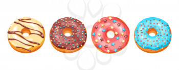 Set of glaze donuts and sprinkles. Illustration of various colored sweet pastries.
