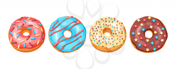 Set of glaze donuts and sprinkles. Illustration of various colored sweet pastries.
