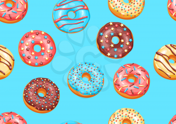 Seamless pattern with glaze donuts and sprinkles. Background of various colored sweet pastries.