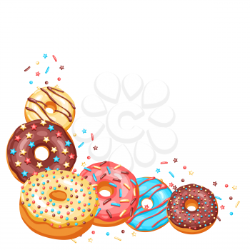 Decoration with glaze donuts and sprinkles. Background of various colored sweet pastries.