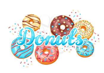 Card with glaze donuts and sprinkles. Background of various colored sweet pastries.